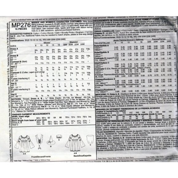 McCalls MP276 Womens Character Costumes Sewing Pattern Set Size 18W-24W - Picture 2 of 2